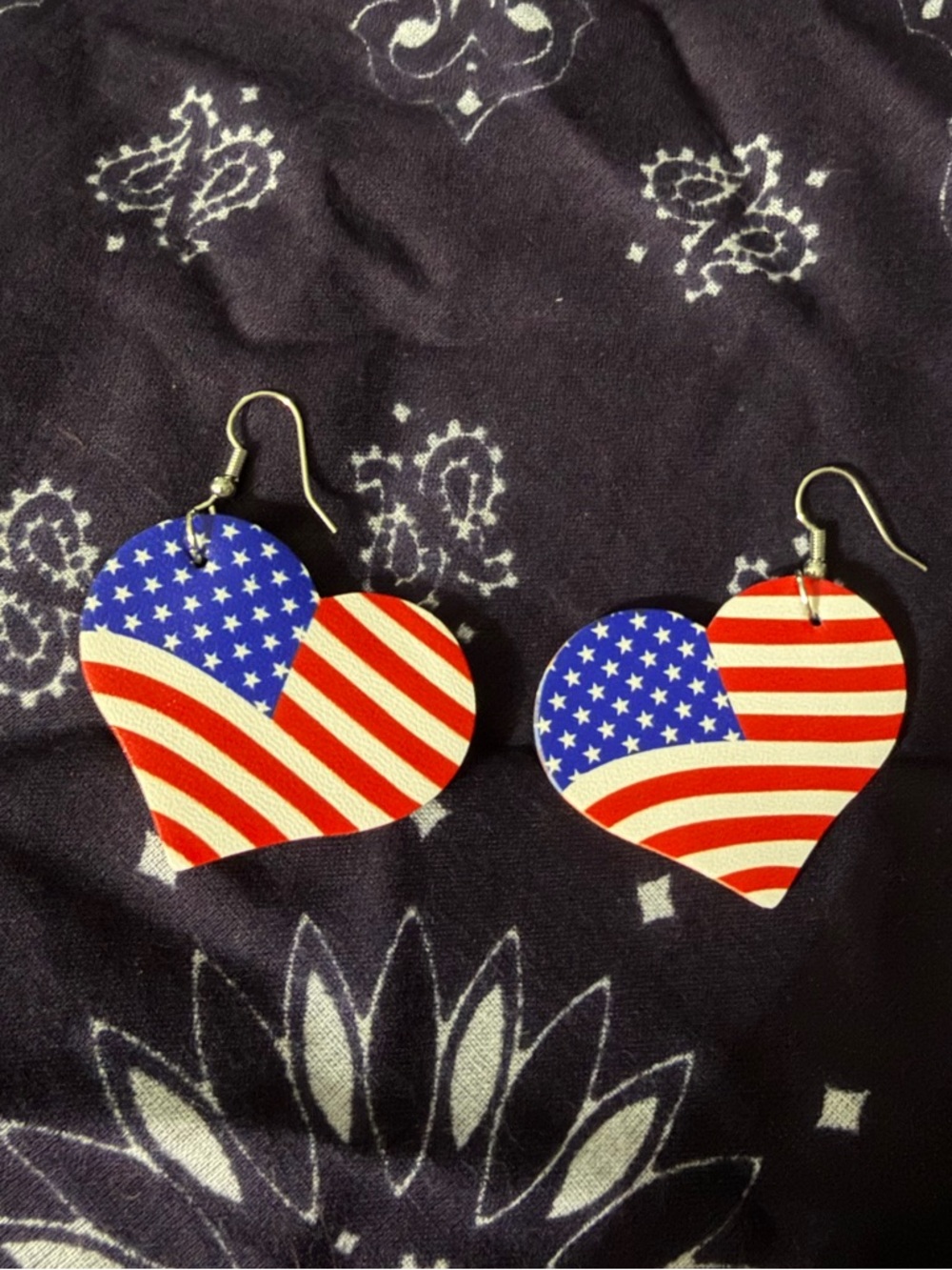 American Flag Heart Leather Dangle Earrings - Patriotic Red, White & Blue